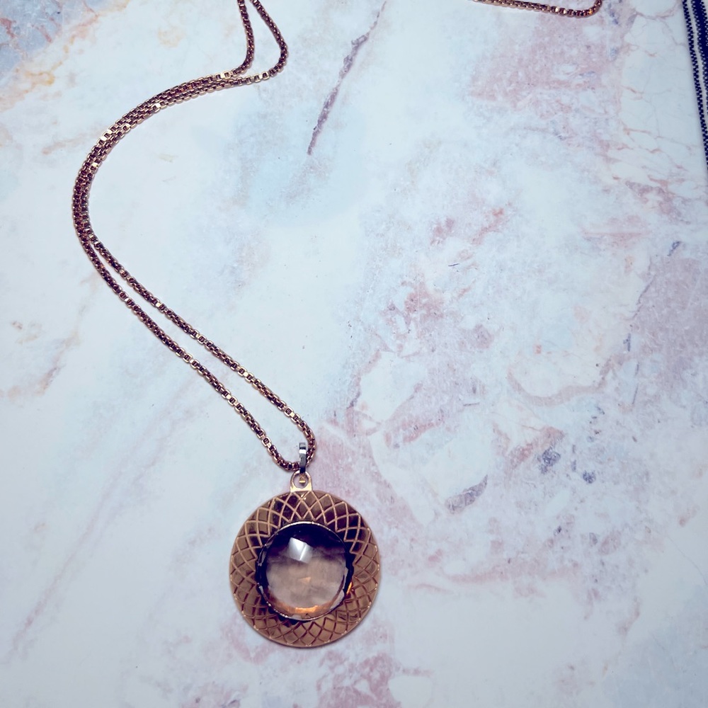 REBECCA JEWELRY Florence Italy; Smokey Topaz & Rose Gold Plate Long Necklace - Picture 2 of 3